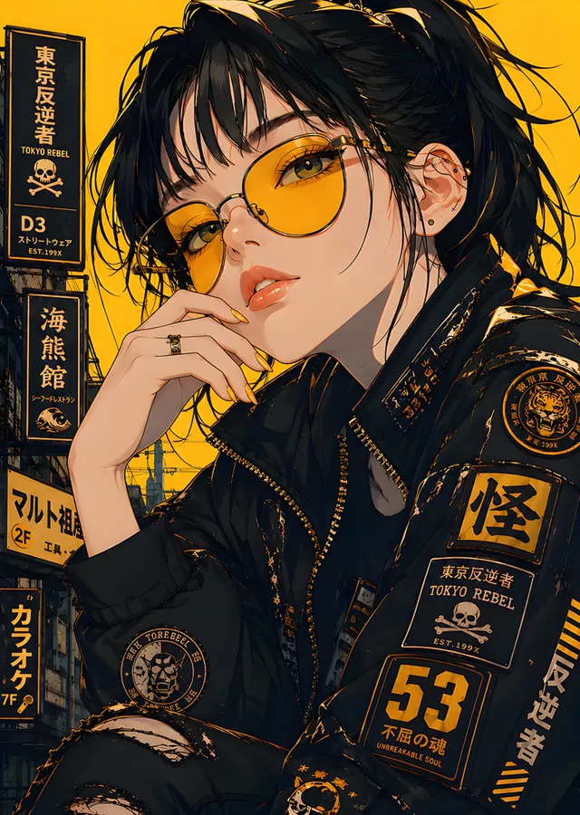 Tokyo Rebel: Sarı Gözlüklü Sokak Modası Kızı metal tablo