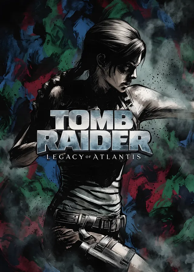 Tomb Raider: Renkli Duman İçinde Lara Silüeti metal tablo