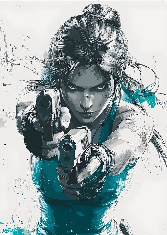 Tomb Raider: Turkuaz Fırçada Nişan Alan Lara metal tablo
