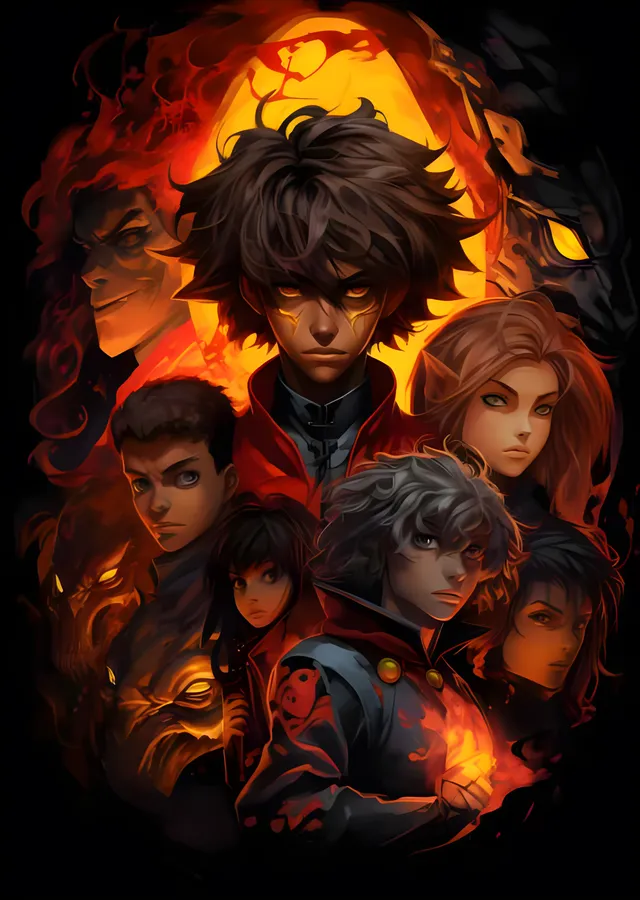 Alev Halesi Altında Anime Kahramanlar Kolajı metal tablo