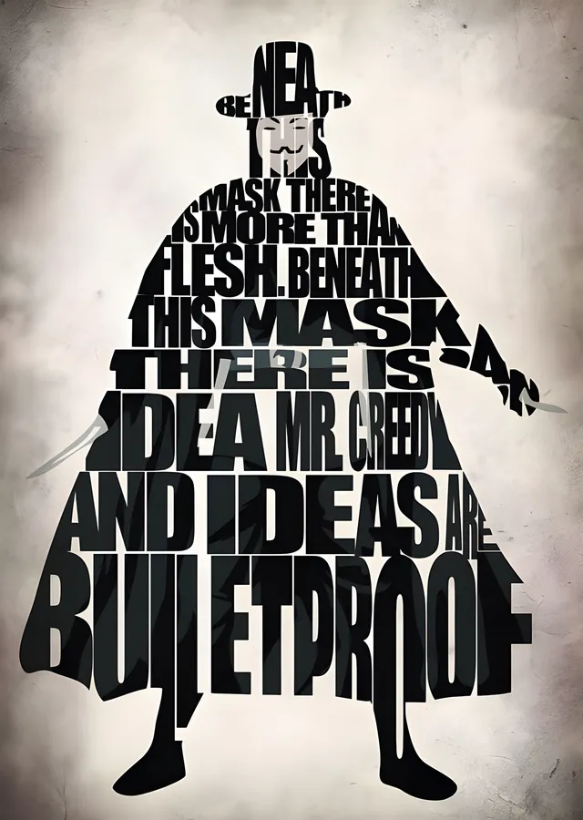 V for Vendetta - Tipografi Portre metal tablo