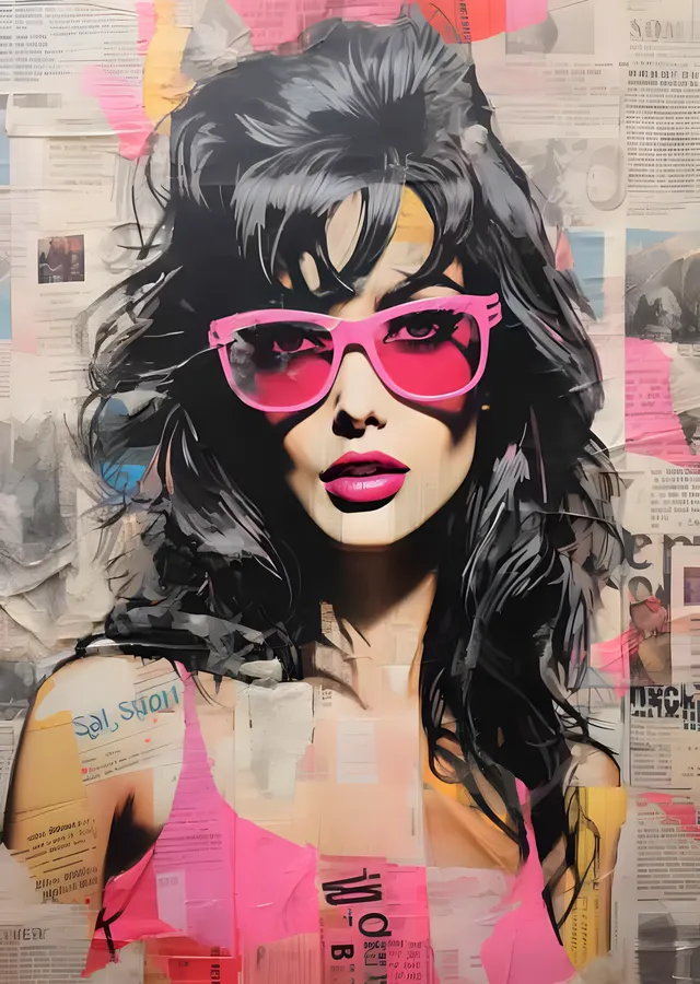 Pembe Gözlüklü Kadın - Gazete Kolaj Pop Art metal tablo