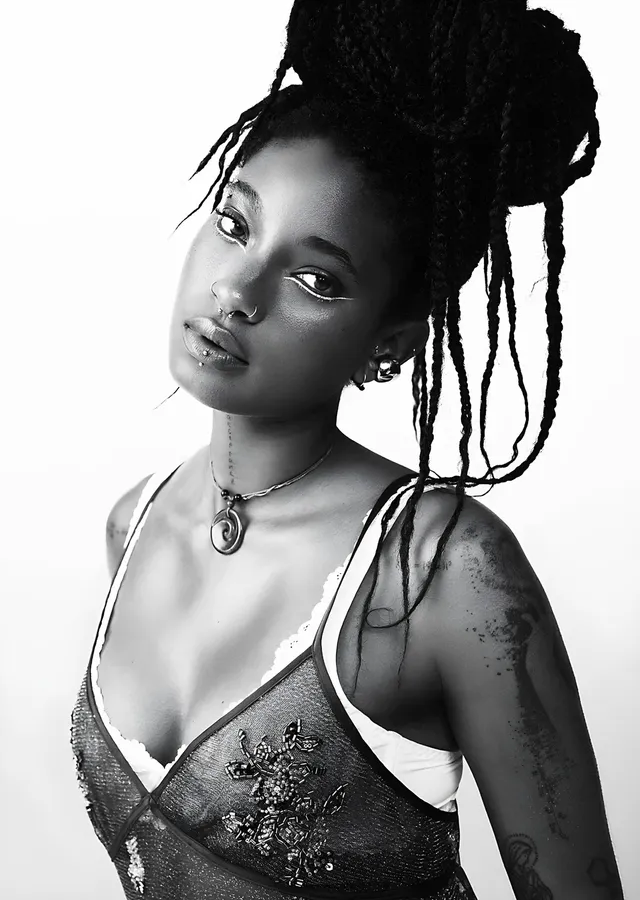 Willow Smith - Örgülü Siyah Beyaz Portre metal tablo