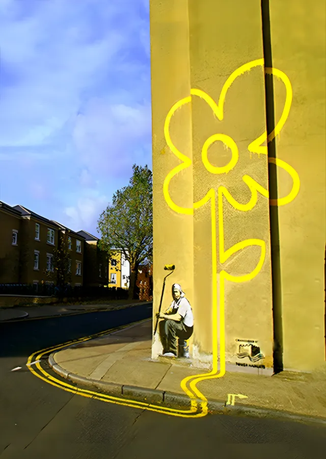 Banksy - Sarı Çizgi Çiçeği metal tablo