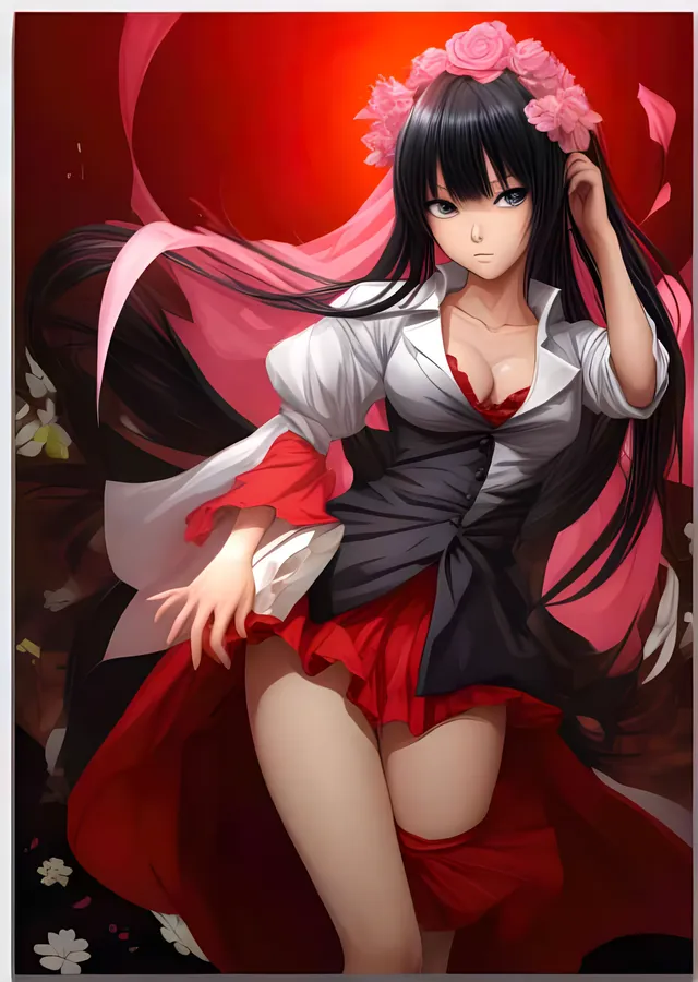 Kızıl Fonda Çiçek Taçlı Anime Kız metal tablo