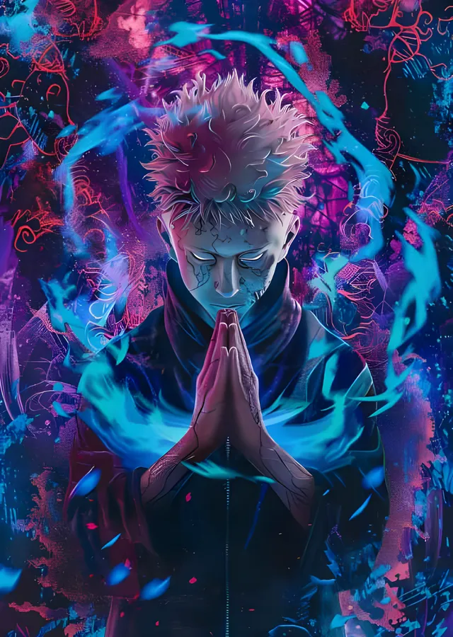 Yuji Itadori - Neon Mavi Alevde Dua metal tablo