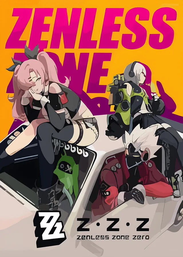 Zenless Zone Zero: Sarı Zeminde Pembe Saçlı İkili metal tablo