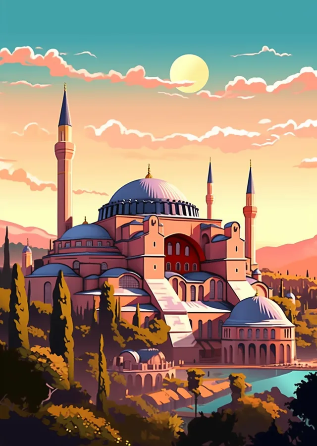 Ayasofya: Pembe ve Mavi Tonlu İhtişam metal tablo