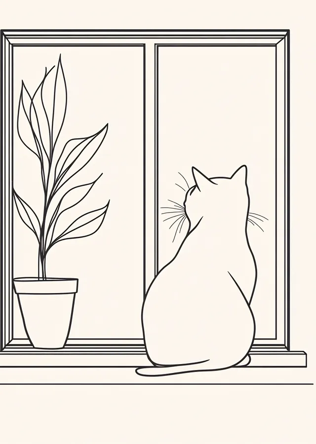 Minimalist Kedi ve Bitki İllüstrasyonu metal tablo