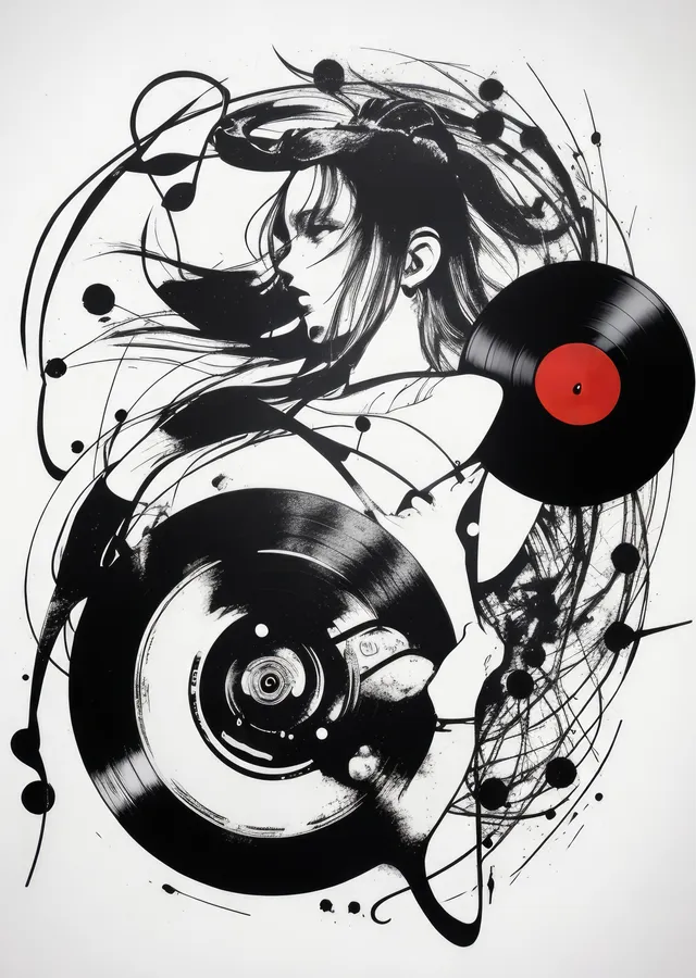 Siyah-Beyaz Vinil Kayıtlı Anime Kız metal tablo