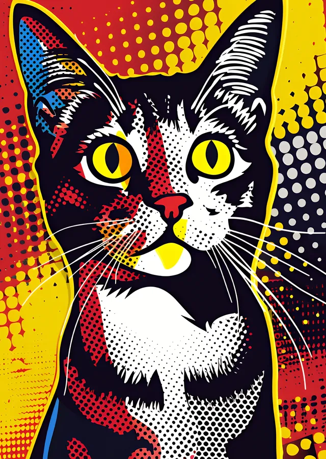 Siyah, Kırmızı, Sarı ve Beyaz Noktalı Kedi Portresi metal tablo