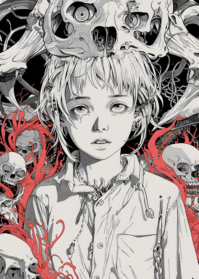 Kurukafalı Gotik Anime Portresi metal tablo
