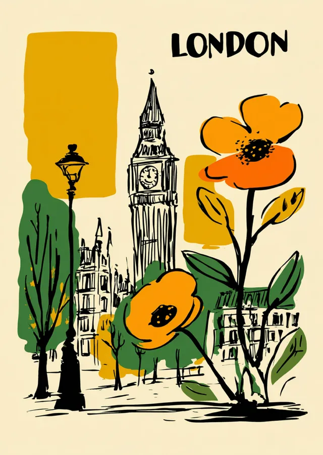 London - Turuncu Çiçekler ve Big Ben metal tablo