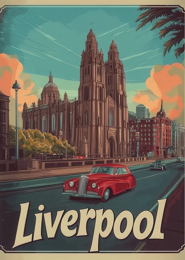 Liverpool: Vintage Şehir Manzarası metal tablo