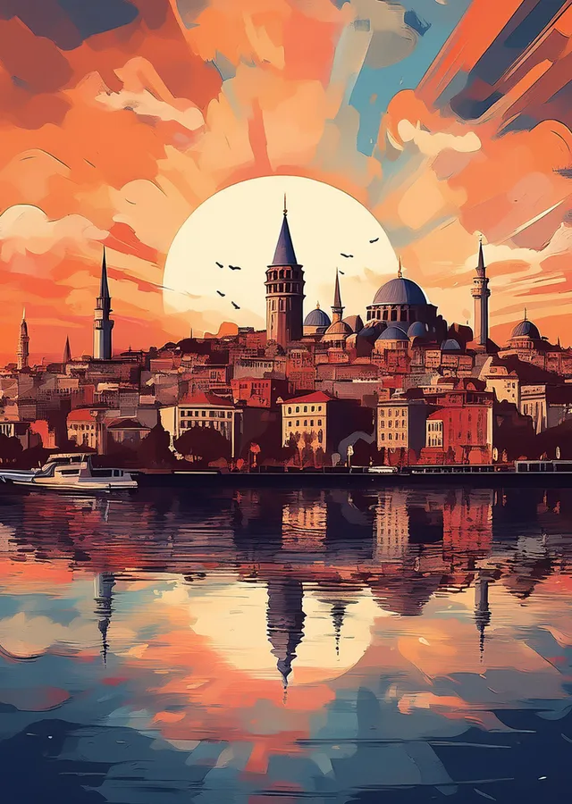 İstanbul'un Gün Batımı: Galata Kulesi Manzarası metal tablo