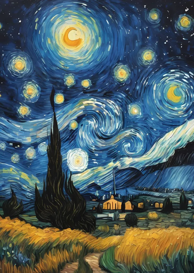 Van Gogh'un Yıldızlı Gece - Lacivert ve Sarı Akışkan Gök metal tablo