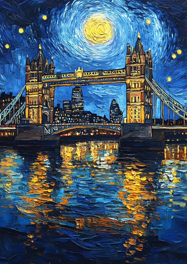 Vincent van Gogh Starry Night Tarzı Tower Bridge metal tablo