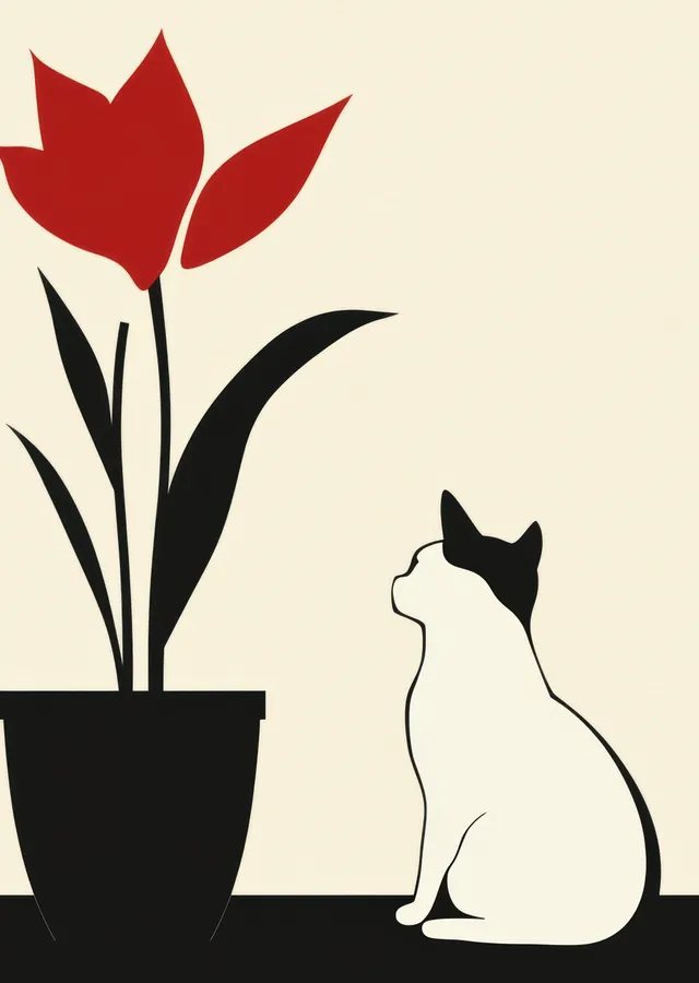 Minimalist Kedi ve Çiçek İllüstrasyonu metal tablo