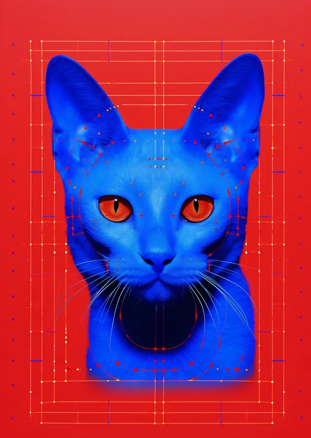 Kırmızı Zeminli Mavi Kedi Portresi metal tablo