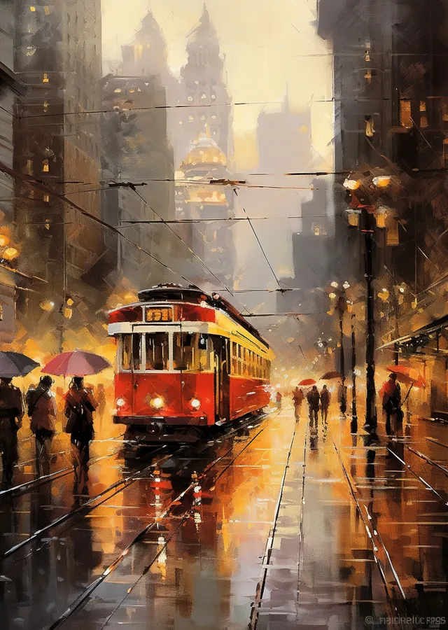 Yağmurlu Günlerde Kırmızı Tramvay metal tablo