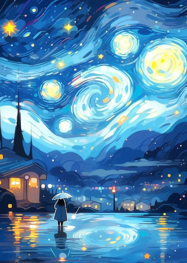 Van Gogh Yıldızlı Gece İlhamlı Yağmurlu Sokak metal tablo