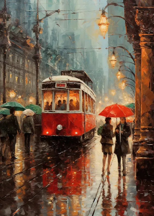 Yağmurlu Sokakta Kırmızı Tramvay - Kırmızı Tramvay ve Islak metal tablo