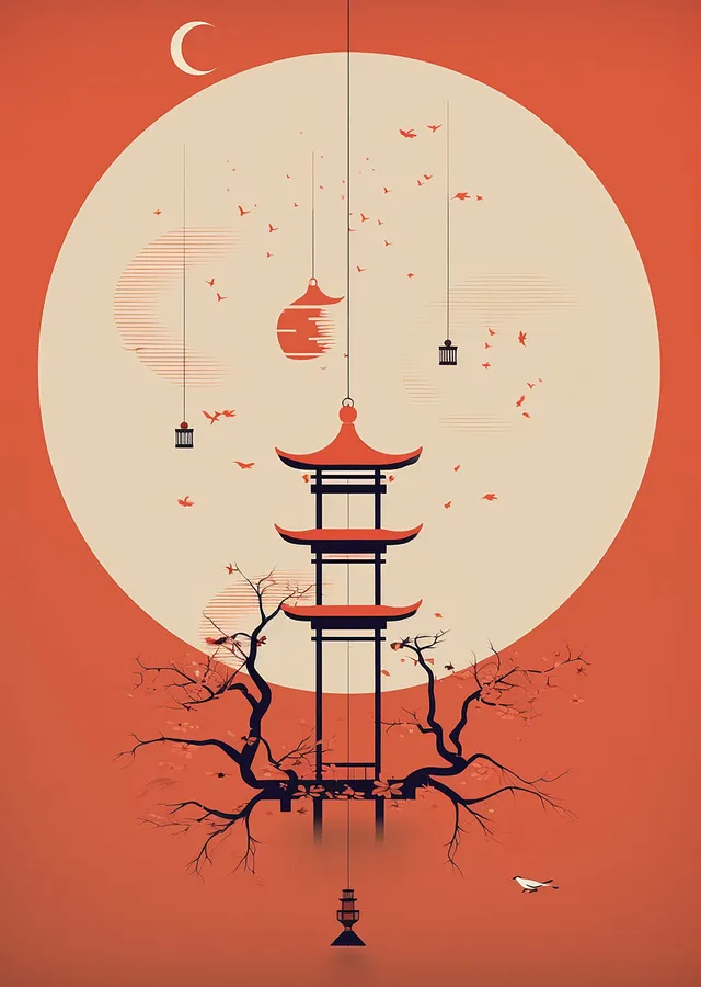 Minimalist Japon Pagodası Sanatı metal tablo