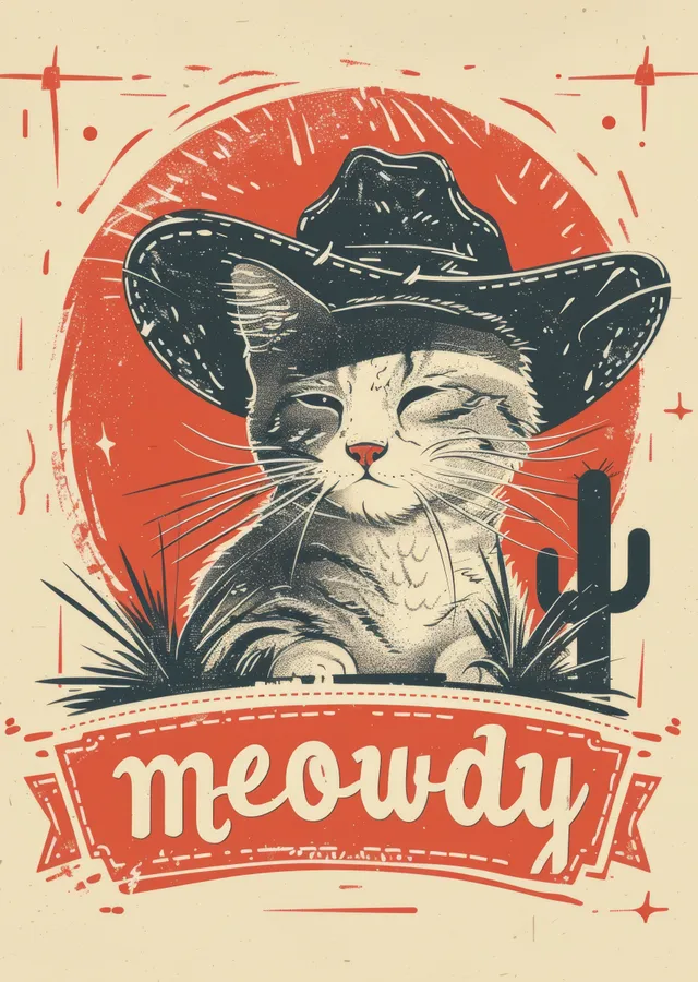 Meowdy: Kedi Şapkalı İllüstrasyonu metal tablo