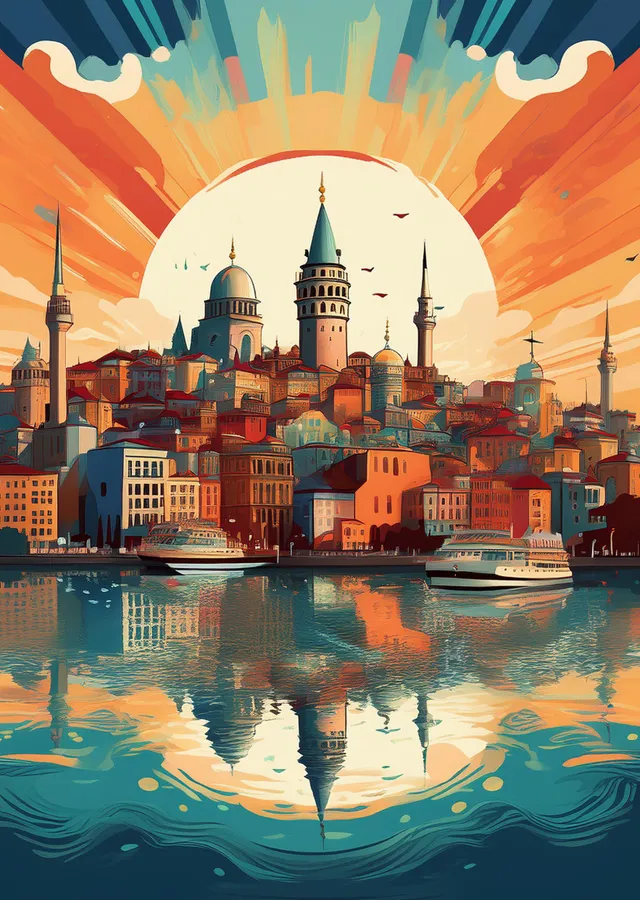 İstanbul Manzarası: Galata Kulesi ve Güneşin Doğuşu metal tablo