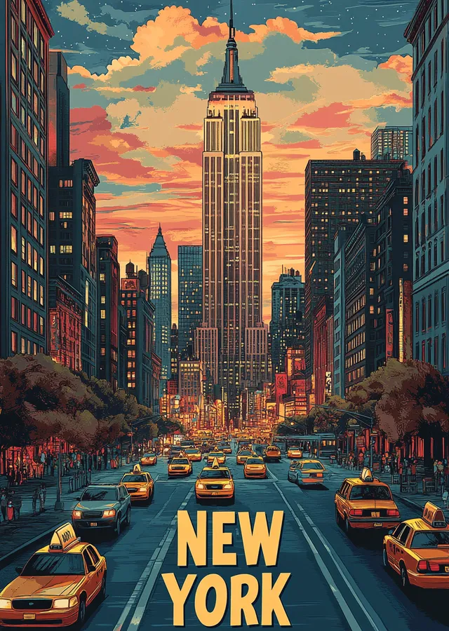 New York - Empire State Binası Turuncu Akşam metal tablo
