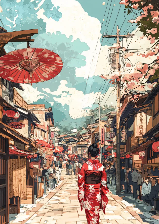 Japon Sokağı ve Kimono Giyen Kadın metal tablo
