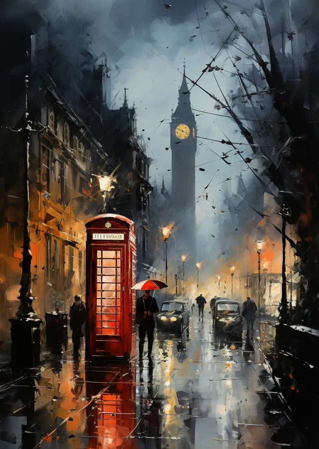 Yağmurlu Sokakta Kırmızı Telefon Kulübesi ve Big Ben metal tablo