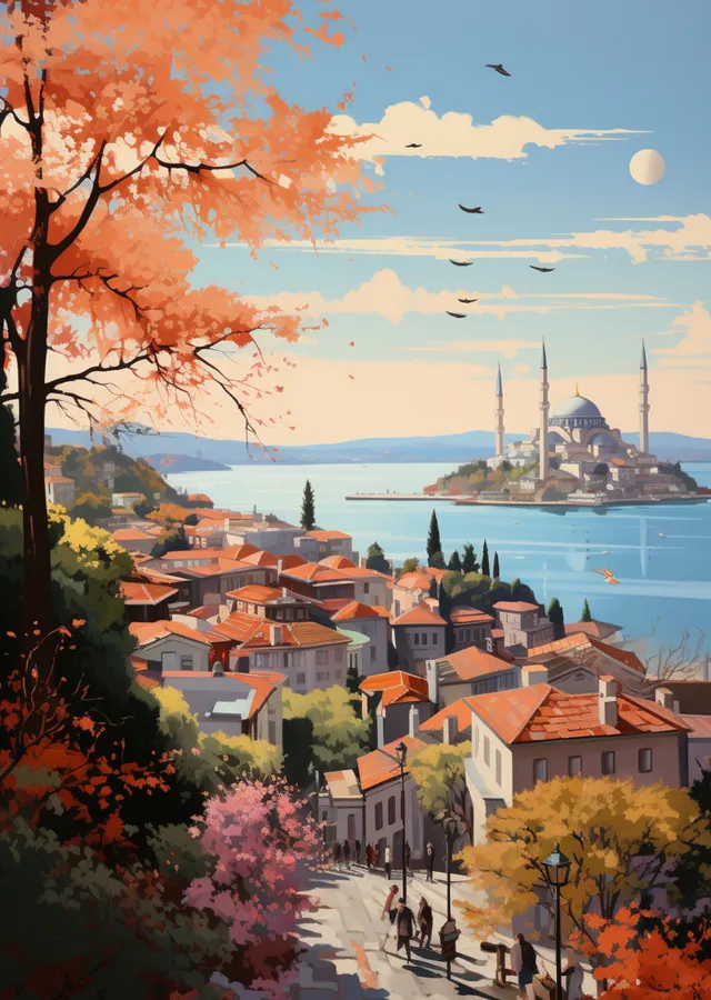 Turuncu Ağaçlıklı İstanbul Boğazı Manzarası metal tablo