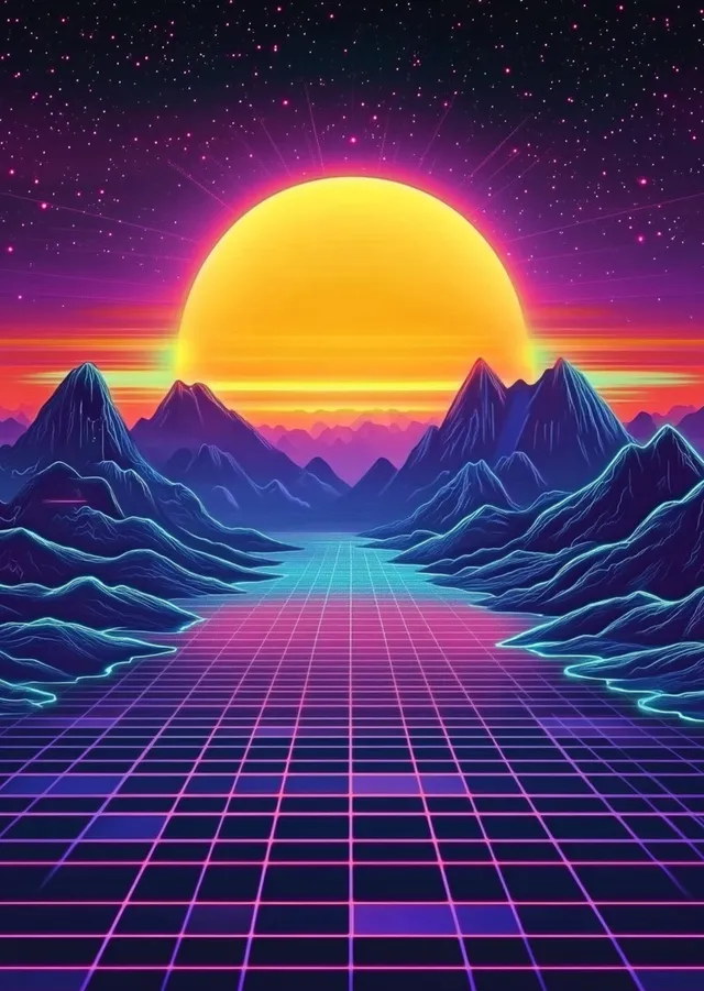 Retro Dağ Manzarası ve Güneş metal tablo
