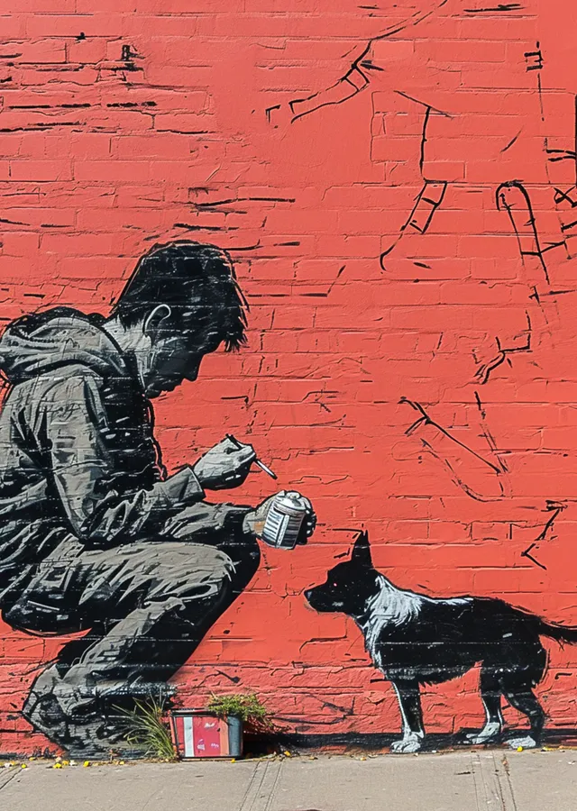 Banksy: Duvarın Yanında Adam ve Köpek metal tablo
