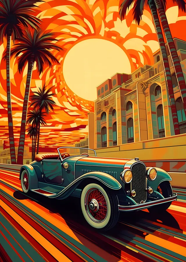 Retro Araba ile Palmiyeli Yolculuk metal tablo