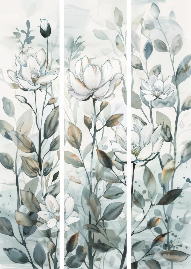 Üç Panelli Gri-White Çiçek Deseni metal tablo