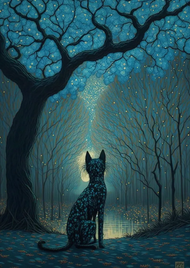 Gece Manzarasında Yıldızlı Ağaç ve Köpek metal tablo