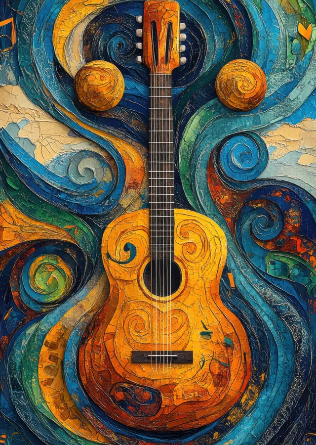 Turuncu ve Mavi Dalgalarla Akustik Gitar metal tablo