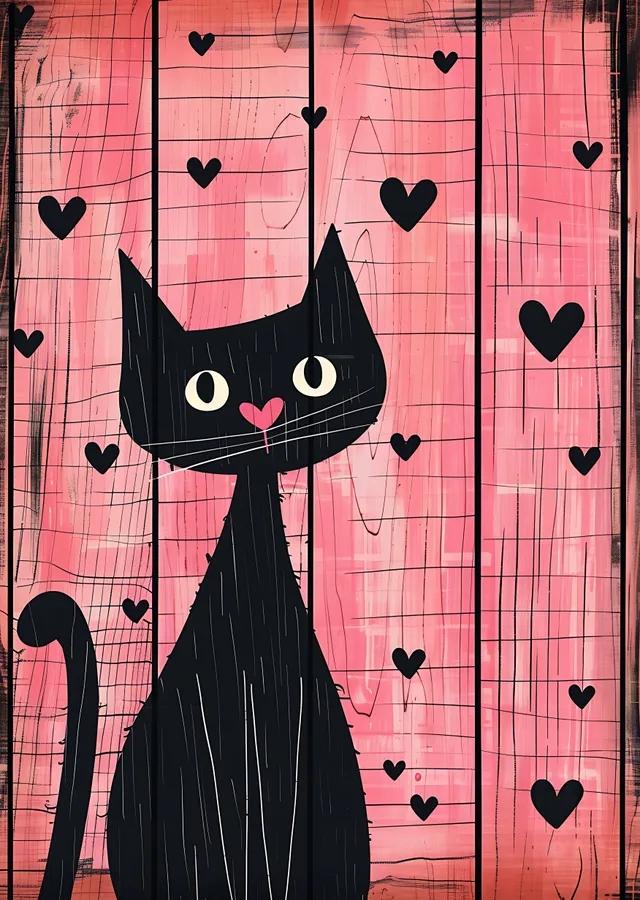 Pembe Kalp Desenli Siyah Kedi metal tablo
