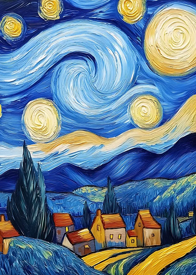 Van Gogh Yıldızlı Gece - Lacivert ve Sarı Tonlu Yıldızlı metal tablo