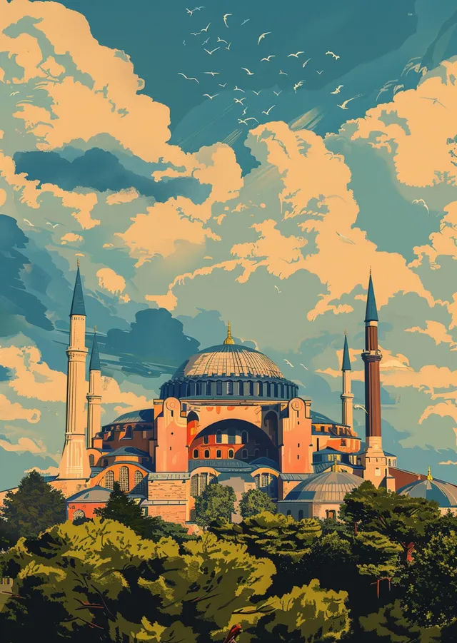 Lacivert, Turuncu ve Yeşil Tonlarında Ayasofya metal tablo