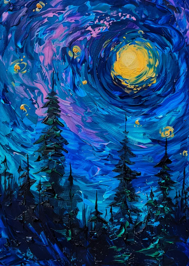Van Gogh Yıldızlı Gece - Çam Ağaçları ve Dönen Yıldızlar metal tablo