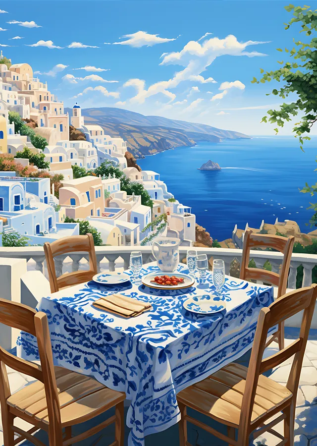 Santorini'de Akdeniz Manzaralı Restoran metal tablo
