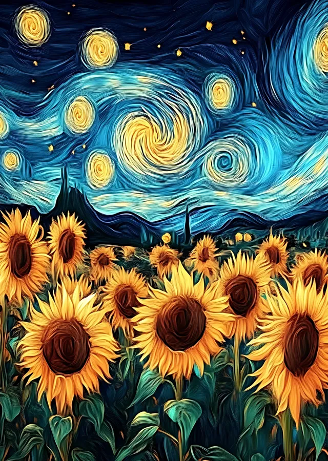 Van Gogh Yıldızlı Gece ve Ayçiçekleri metal tablo