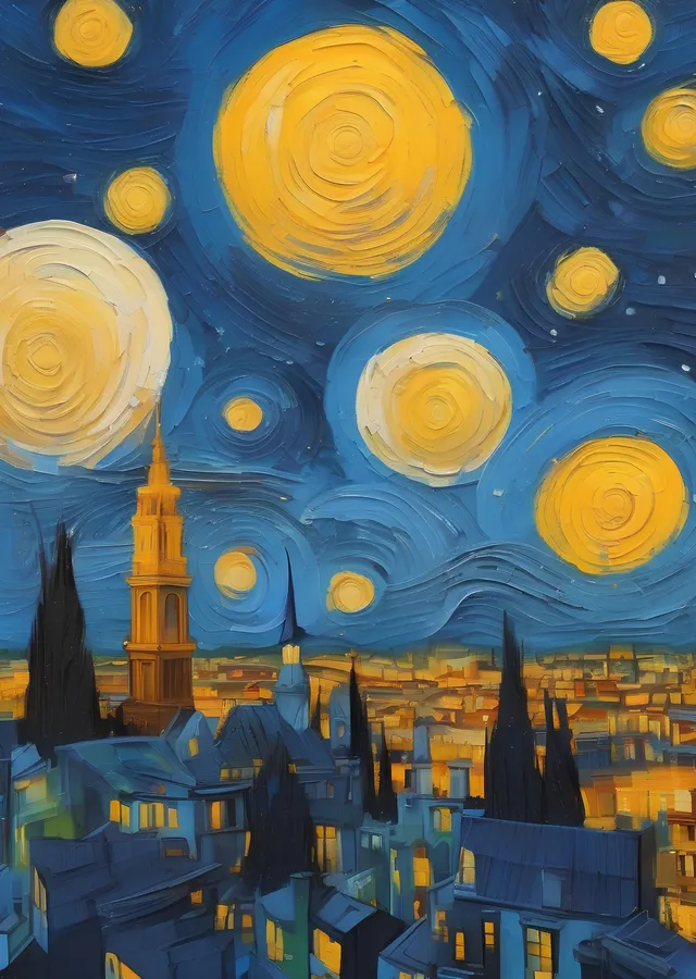 Vincent van Gogh: Yıldızlı Gece - Lacivert ve Sarı metal tablo