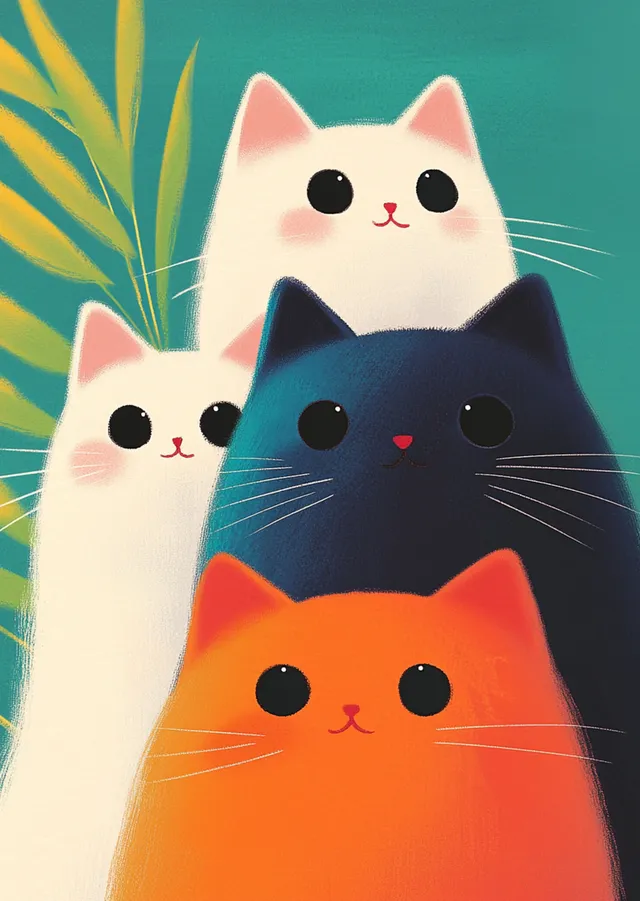 Dört Kawaii Kedi Portresi metal tablo