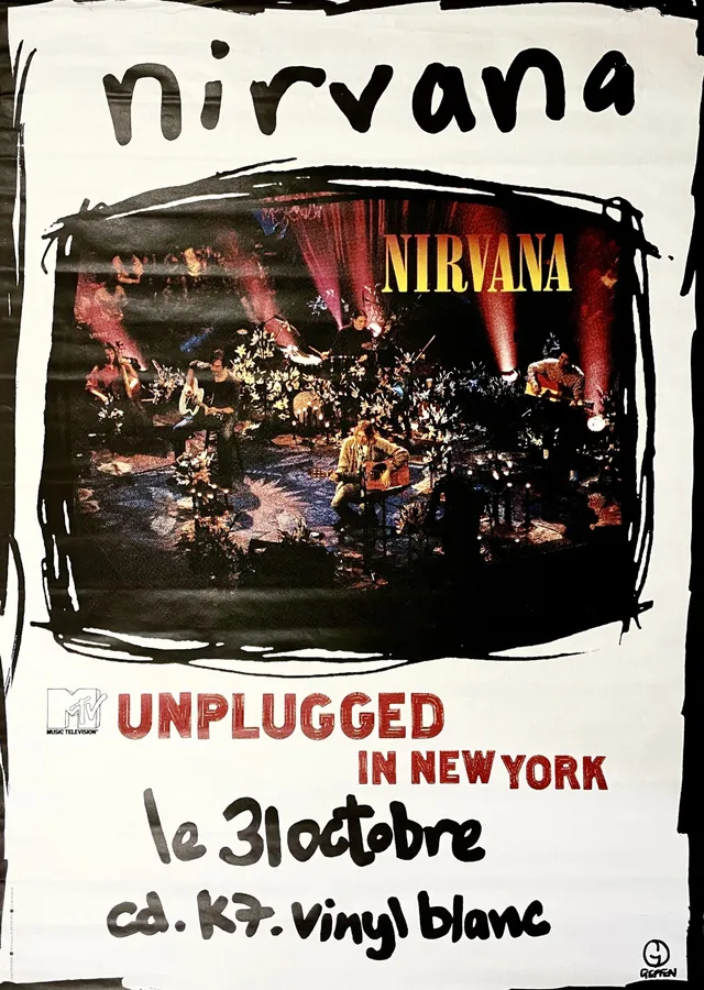 Nirvana Unplugged New York - Beyaz Zeminli Siyah Çerçeve metal tablo