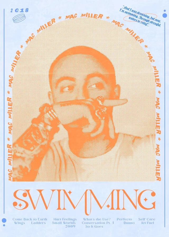 Mac Miller - Swimming Turuncu ve Mavi Dalgalar metal tablo