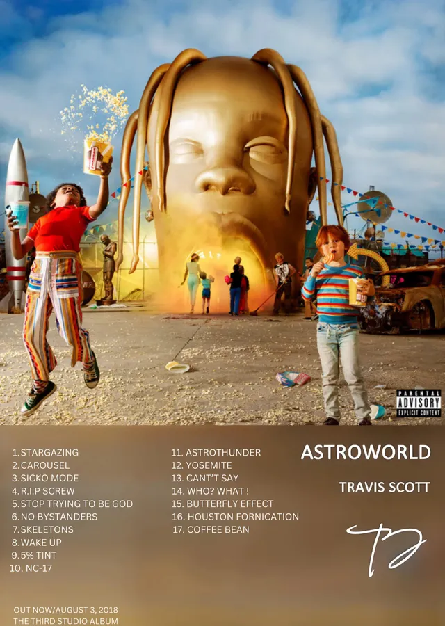 Travis Scott Astroworld - Çocuklu Altın Başlıklı Dev Heykel metal tablo